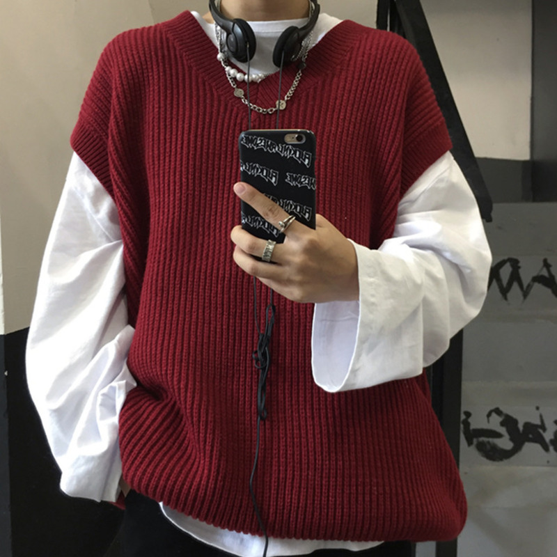 Áo dệt kim không tay chui đầu cổ V đơn giản thời trang Hàn Quốc cho nam nữ 223301