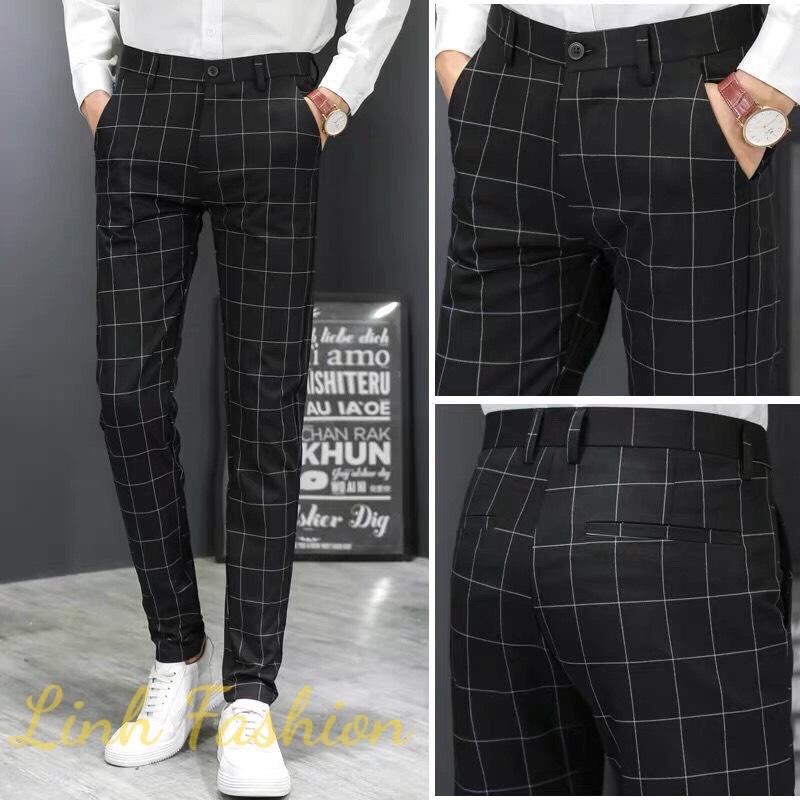 [HÀNG GIỐNG HÌNH] Quần tây nam đen caro Quần tây âu kẻ sọc ống côn dáng body cao cấp