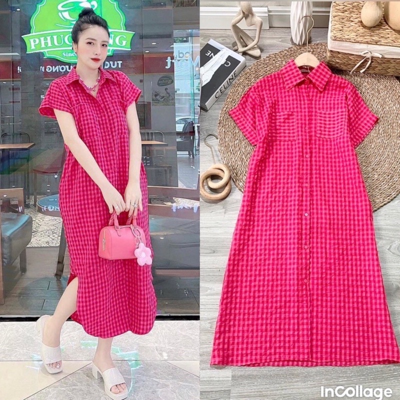 Đầm sơ mi nữ  - Váy sơ mi đuôi tôm kẻ sọc caro dáng dài tay hến chất thô mềm ( mã HD 34)