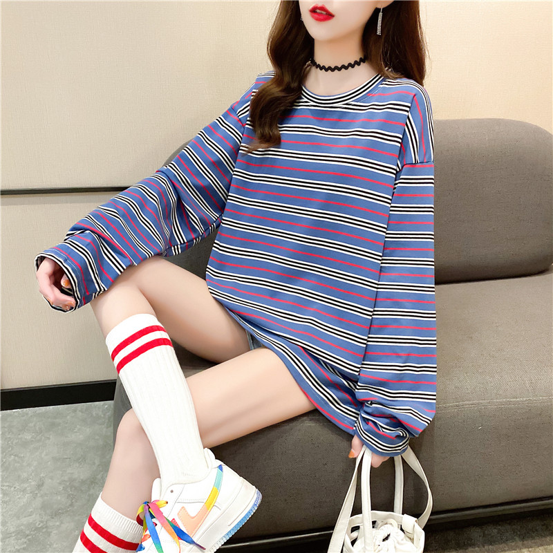 2020 spring and autumn Clothes new outer wear loose striped long-sleeved t-shirt women Tops and Blouse