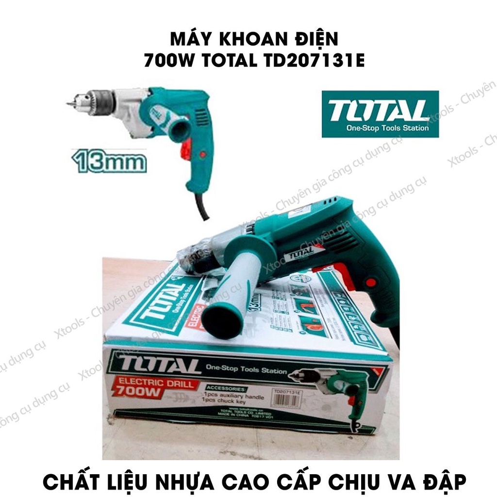Máy khoan cầm tay TOTAL TD207131E công suất 700w, tốc độ 1200rpm; đầu khoan  1.5-13mm, khả năng khoan sắt 13mm - khoan g