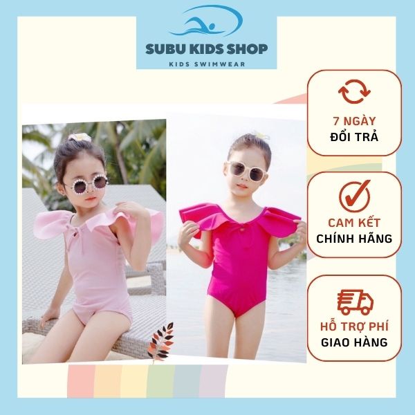 Bikini cho bé gái đồ bơi liền thân bèo cổ hoa hồng 2 vai bồng hở lưng cột nơ sau (tặng kèm nón bơi)