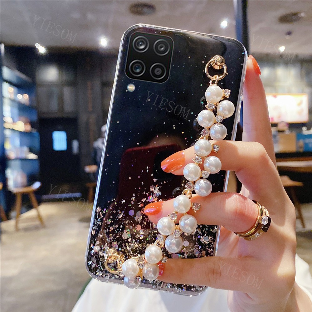 Ốp điện thoại silicon mềm kim tuyến lấp lánh có vòng đeo tay ngọc trai cho Samsung Galaxy A12 A42 5G