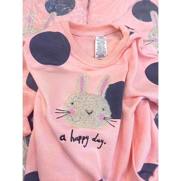 Bộ nỉ da cá dài tay bé gái hồng thỏ