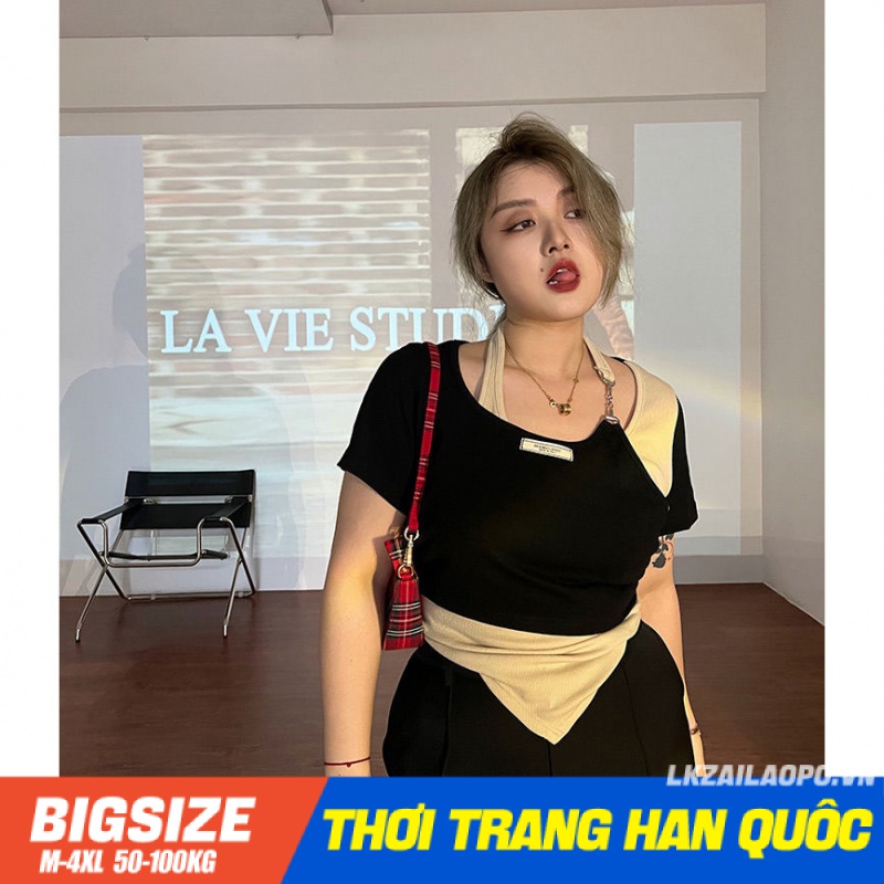 Áo thun Bigsize Áo yếm nữ Giả Hai tay ngắn cổ tròn mùa hè Phong cách Hàn Quốc Thời Trang tiểu thư cá tính xinh đẹp cho người mập béo