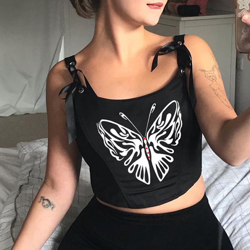 Áo Croptop Hai Dây Cổ Chữ U Hở Lưng In Họa Tiết Bướm Phong Cách Harajuku Quyến Rũ Cho Nữ