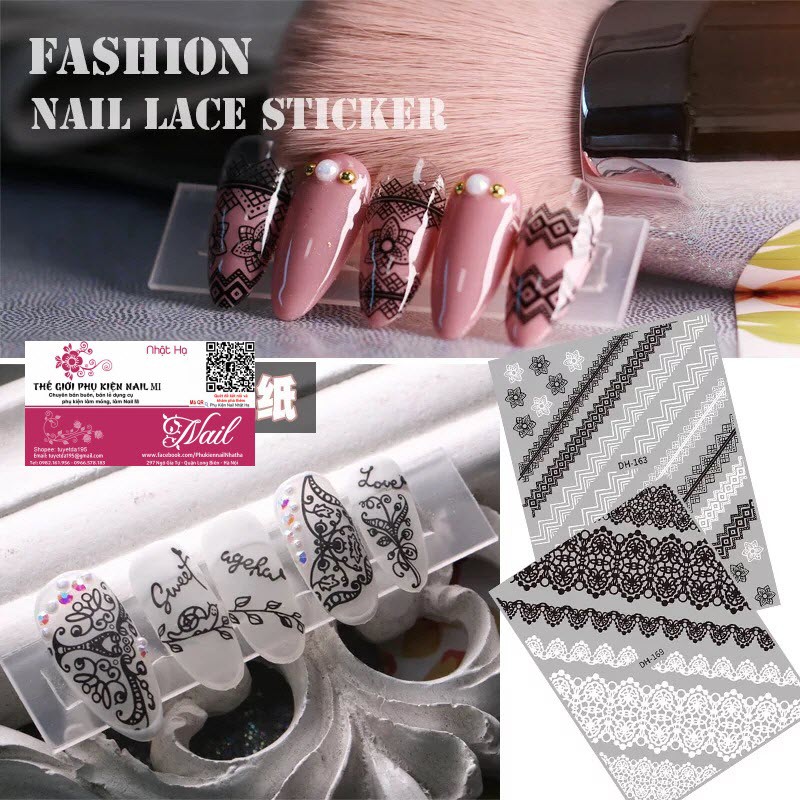 Nail Sticker Ren Hoa Đen Trắng Dán Móng Tay Rất Đẹp - Lẻ 1 Cái