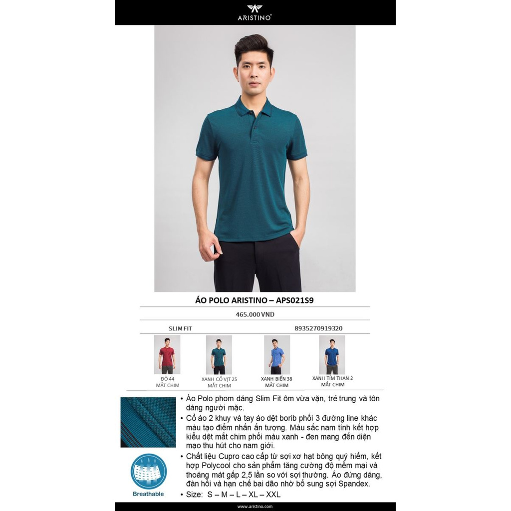 Áo Thun Nam Tay Ngắn Có Cổ Aristino APS021S9 Màu Xanh Cổ Vịt Mắt Chim Dáng Slim Fit Chất Liệu Cupro