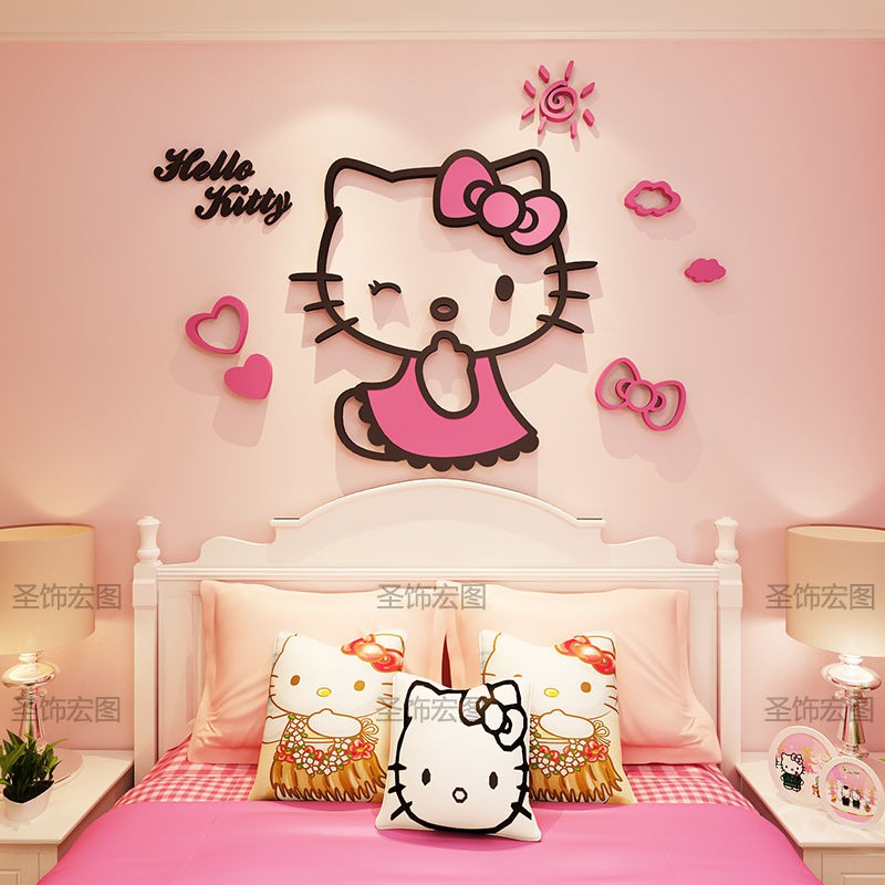 ♀◐Giấy dán tường hình mèo Hello Kitty 3d dễ thương trang trí phòng bé gái