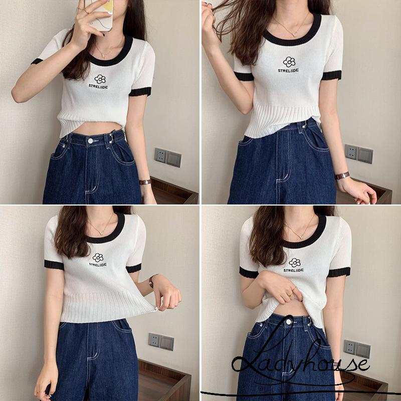 Áo Croptop Dệt Kim Tay Ngắn Cổ Tròn Thêu Họa Tiết Hoa Và Chữ Thời Trang Cho Nữ