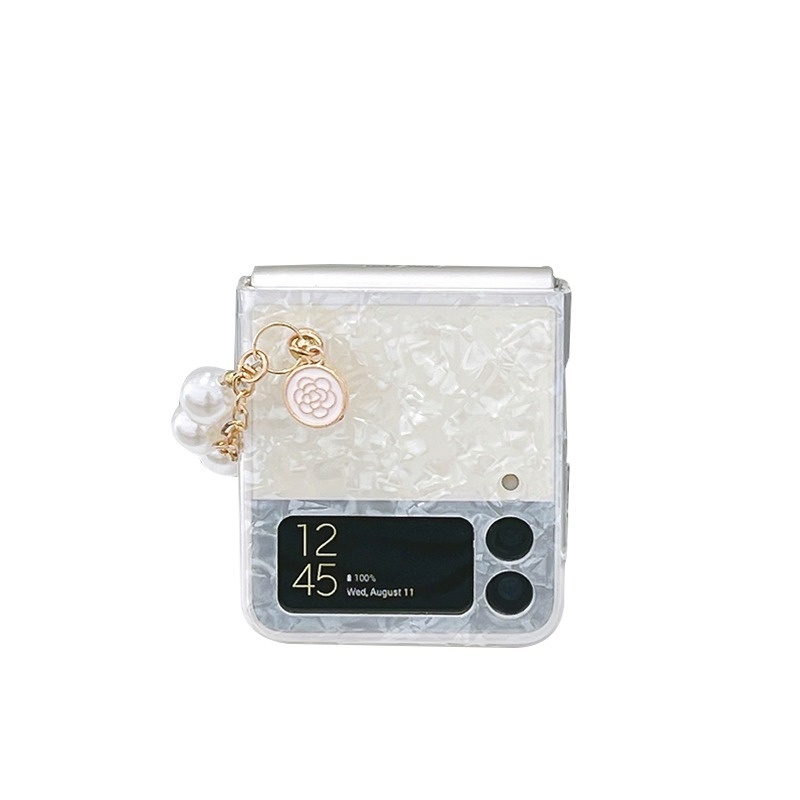 Ốp Samsung Z Flip 3 - Z Flip 4 - ZFlip3 - ZFlip4 5G vân đá lấp lánh kèm dây ngọc phối xích hoa trà tiểu thư