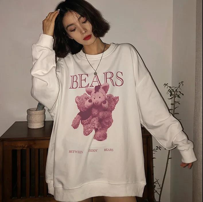 Áo Sweater Dáng Rộng Cổ Tròn In Hình Gấu Kiểu Hàn Quốc Thời Trang Xuân Thu 2021 Cho Nữ