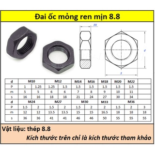 Đai ốc mỏng thép đen 8.8 ren mịn (M10-M18)