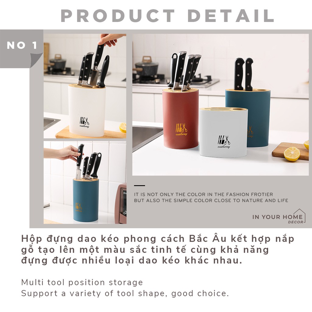 [SIÊU XINH] Giá đựng dao kéo nắp gỗ dung tích lớn phong cách Bắc Âu