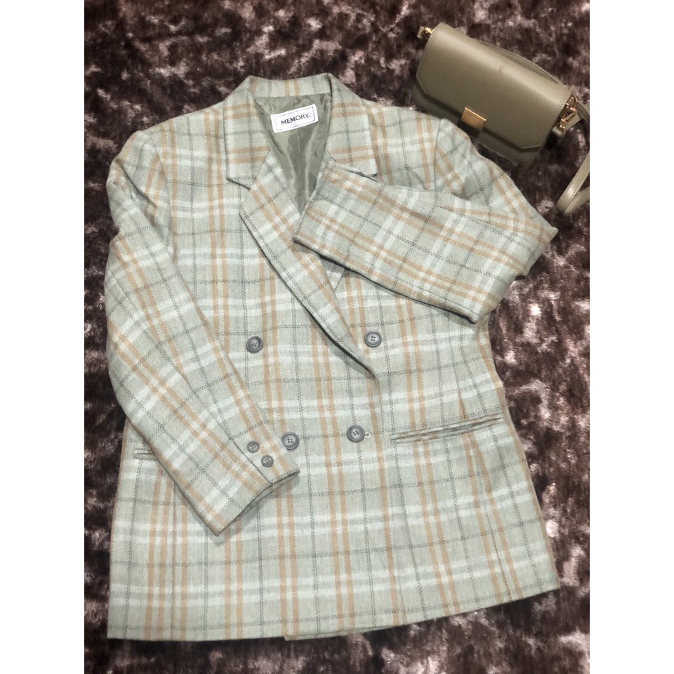 Áo Blazer Nhật cao cấp Secondhand màu caro xanh bơ