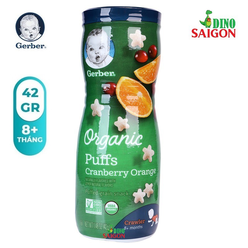 Bánh Ăn Dặm Gerber Puffs Organic Hộp 42g vị Nam Việt Quất Cam