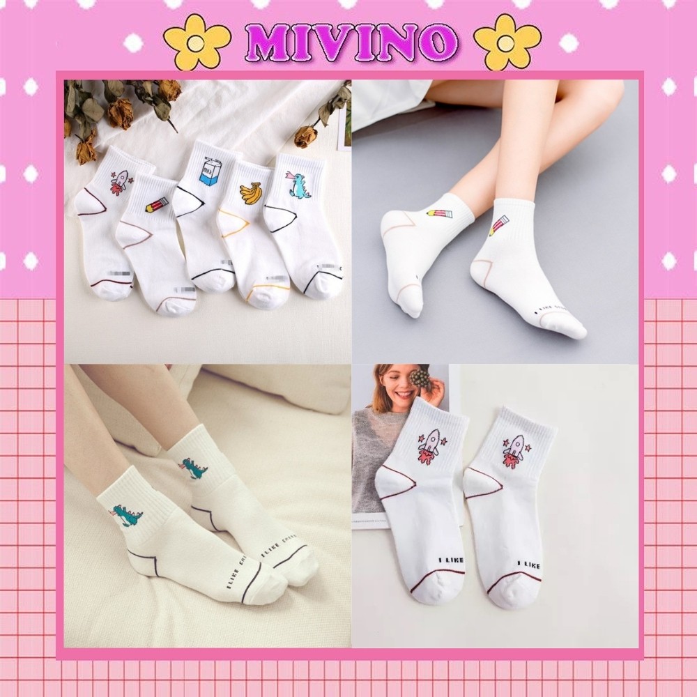 Vớ nữ cổ cao Mivino tất trắng in họa tiết đồ vật cực đáng yêu TN60