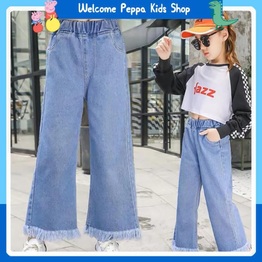 Quần jean ống rộng gấu tua  bé gái Peppa Kids, chất jean mềm mặc cực kỳ thoải mái, sang trọng.
