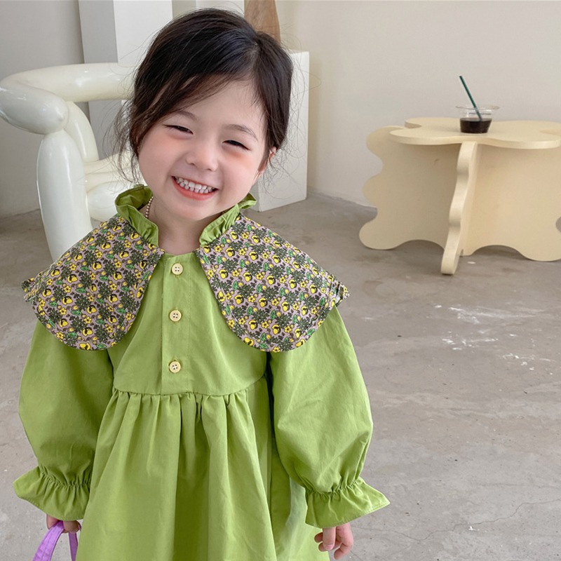 Đầm Cổ Búp Bê In Họa Tiết Hoa Thời Trang Xuân Thu Xinh Xắn Cho Bé Gái