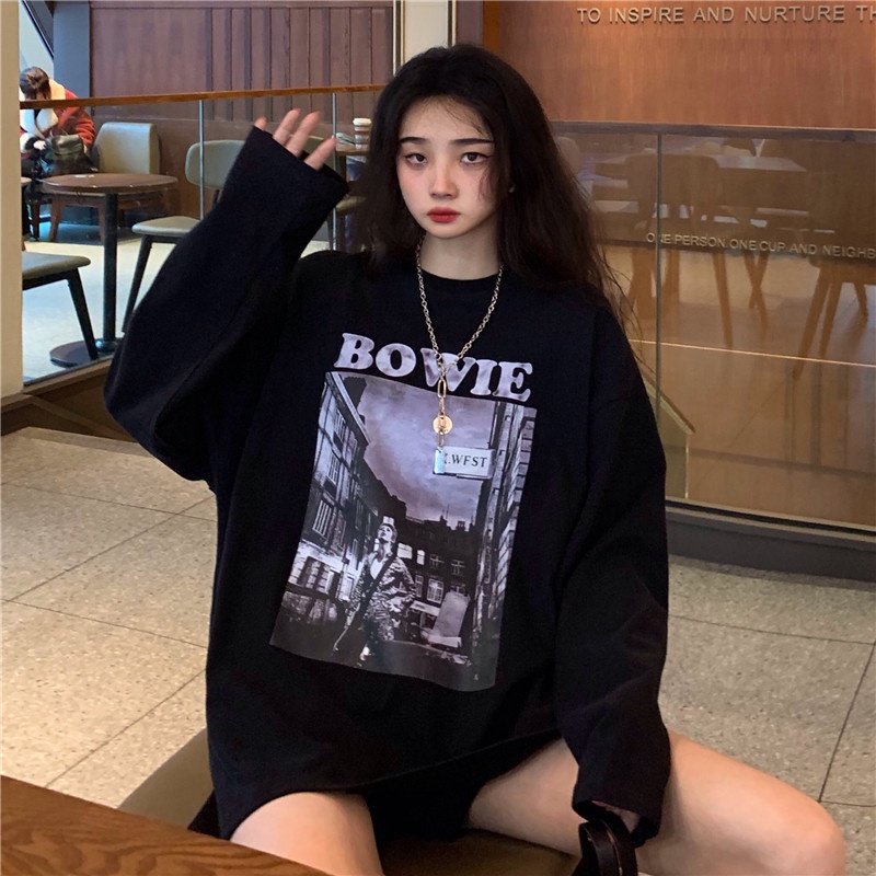  Xiaozhainv Áo Thun Tay Dài Cổ Tròn Màu Đen In Họa Tiết Phong Cách Hàn Quốc Cho Nữ | BigBuy360 - bigbuy360.vn