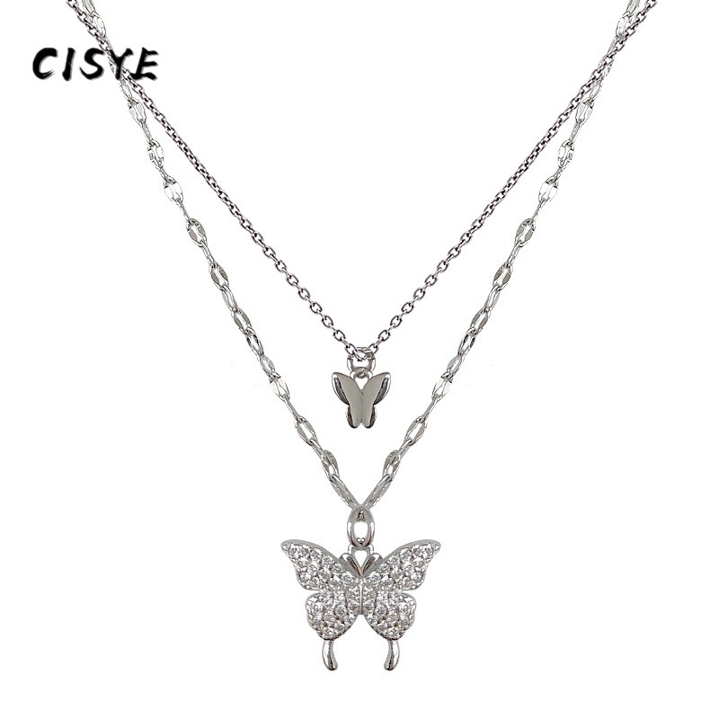 Dây chuyền hai lớp mặt hình bướm đính đá zircon không gây dị ứng cho nữ