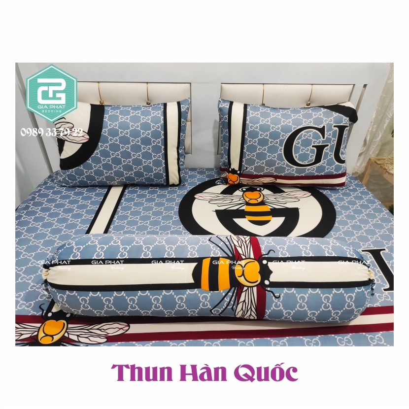 Bộ Ga Gối Thun Lạnh Hàn Quốc {4 Món} họa tiết GU ( 1 ga bọc + 2 vỏ gối nằm + 1 vỏ gối ôm )