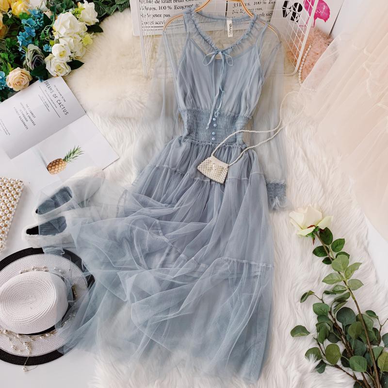 M21 - Đầm công chúa Ulzzang tay bồng dáng dài phối lưới bo eo xinh xắn (5 màu)