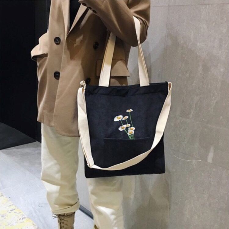 Túi tote vải canvas đựng đồ đi học đi chơi vừa size A4 Hàn Quốc in hinh hoa cúc