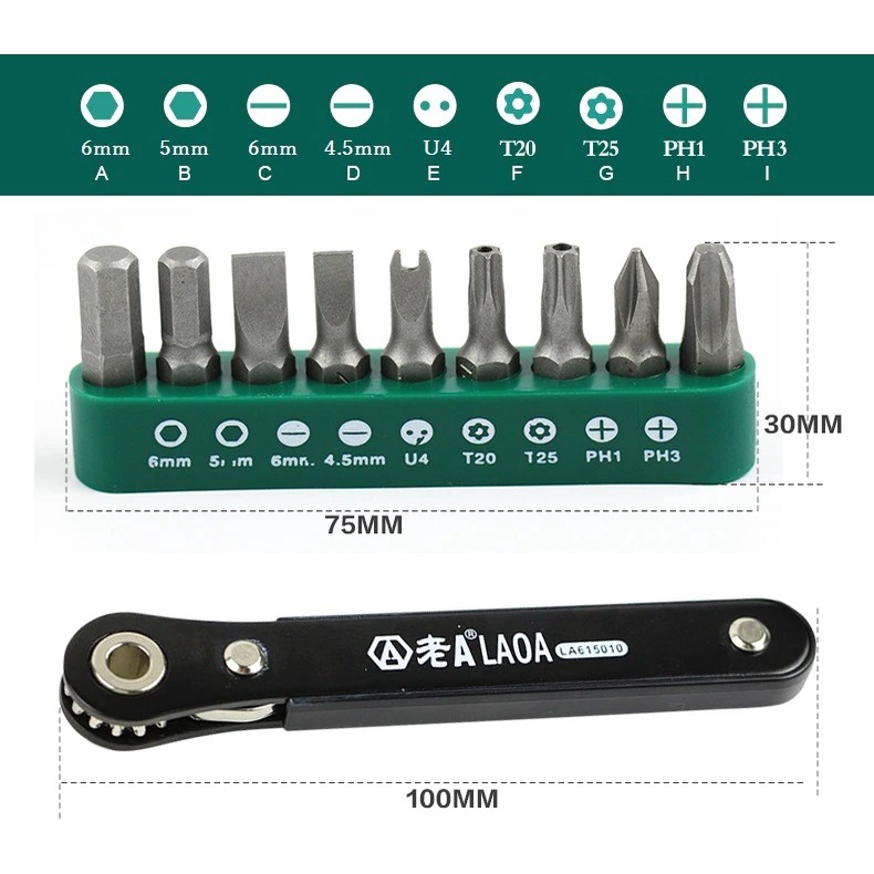 Bộ Tua vít đa năng Ratchet 10 trong 1 LAOA LA615010, thiết kế đảo ngược phù hợp với không gian chật hẹp
