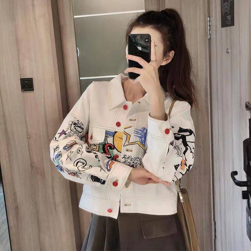 Áo Khoác Denim Ngắn Dáng Rộng In Họa Tiết Graffiti Phong Cách Hàn Quốc Cho Nữ