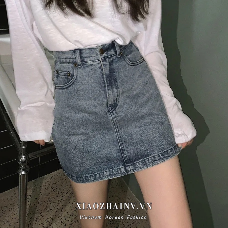 Xiaozhainv Chân váy jean Chữ A Lưng Cao Phong Cách Hàn Quốc Thời Trang Cho Nữ