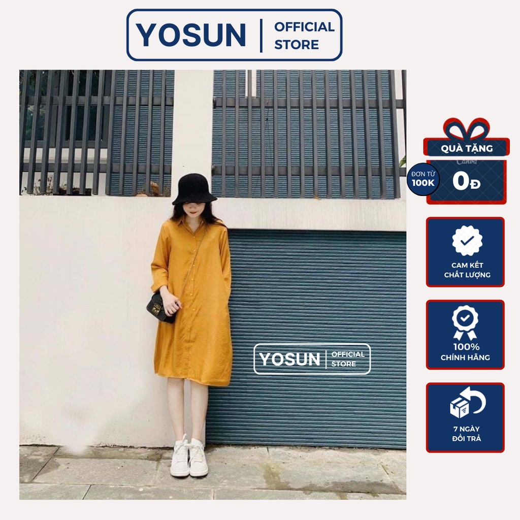 Đầm Nữ Đi Chơi Form Sơ Mi Tay Dài Năng Động Trẻ Trung, Váy Nữ Dạo Phố Dáng Suông Basic Thanh Lịch Màu Vàng