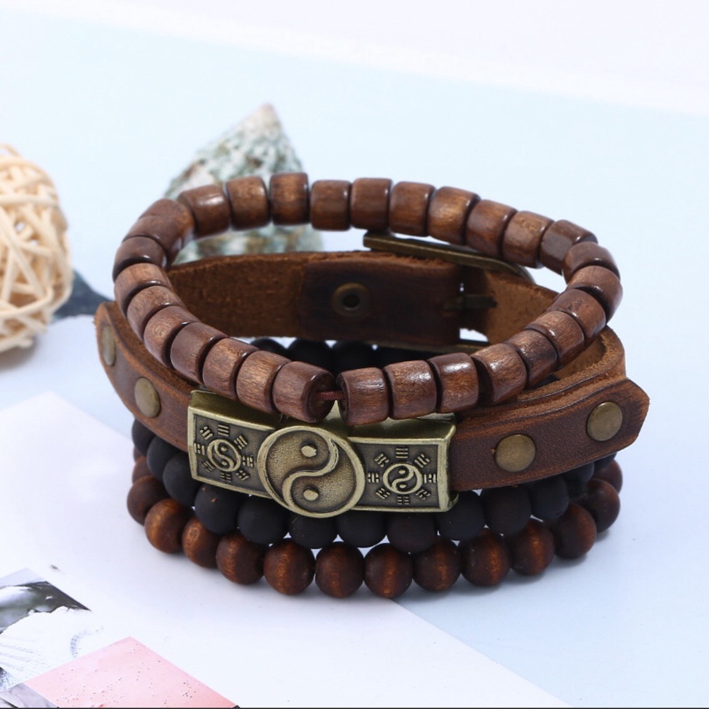 Set 4 Vòng Tay  Đính Hạt Gỗ Phong Cách Vintage cho nam