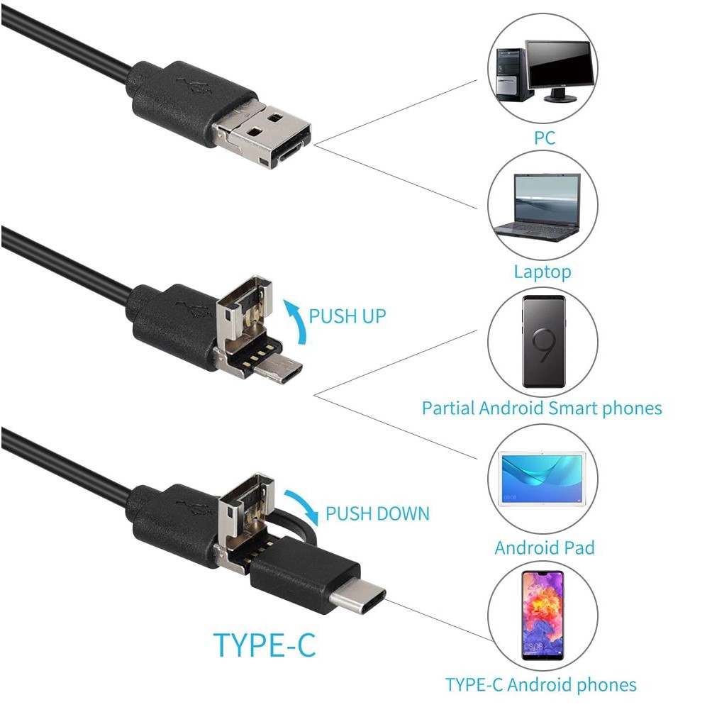 Camera Nội Soi Chống Nước Hỗ Trợ TYPE-C, MICRO USB OTG Android, PC, Laptop Dài 10M