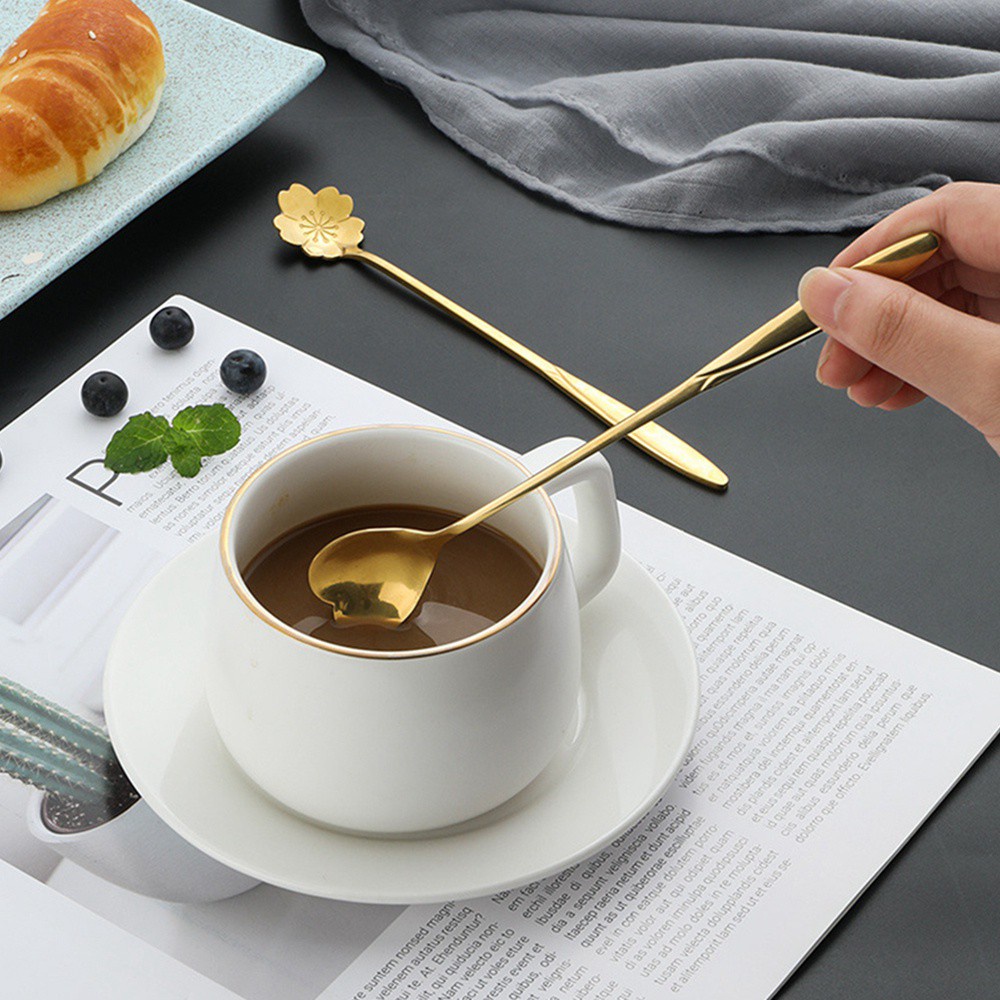 Muỗng khuấy trà YIYU bằng thép không gỉ tay cầm dài họa tiết phong cách vintage