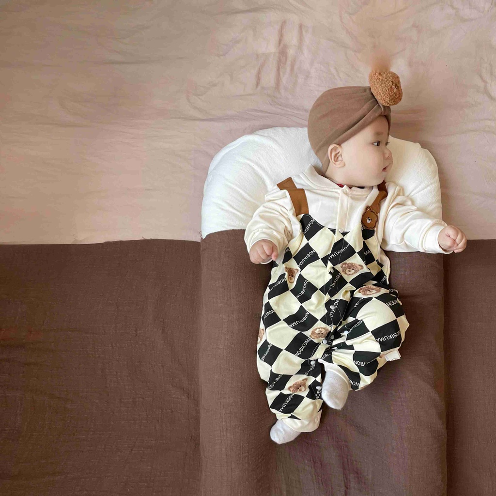 Bộ Áo Liền Quần Tay Dài In Hình Gấu Hoạt Hình Phong Cách Anh Quốc Thời Trang Mùa Thu Cho Bé Trai 0-18 Tháng Tuổi