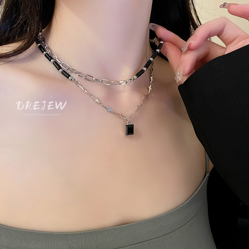 DREJEW Dây chuyền hai lớp mặt vuông và thánh giá đính đá kim cương phong cách cá tính ngọt ngào cho nữ