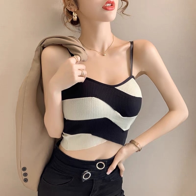 Áo Bra Nữ 2 Dây Mảnh Kẻ Sọc Dáng Lửng Có Đệm Ngực Trend Mới 1887