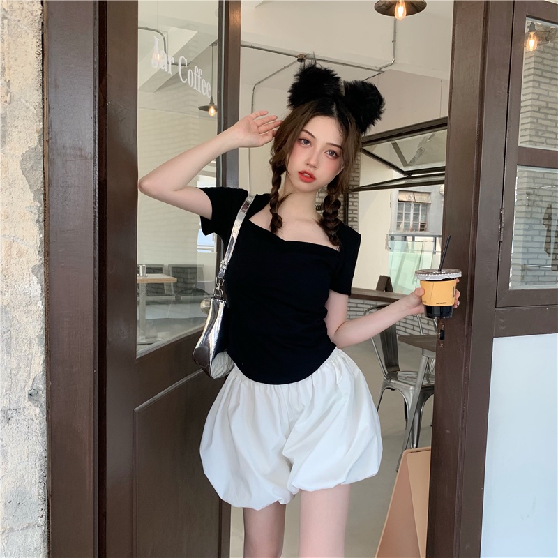 Áo Thun Tay Ngắn Cổ Vuông Ôm Dáng Dễ Phối Đồ Hợp Thời Trang