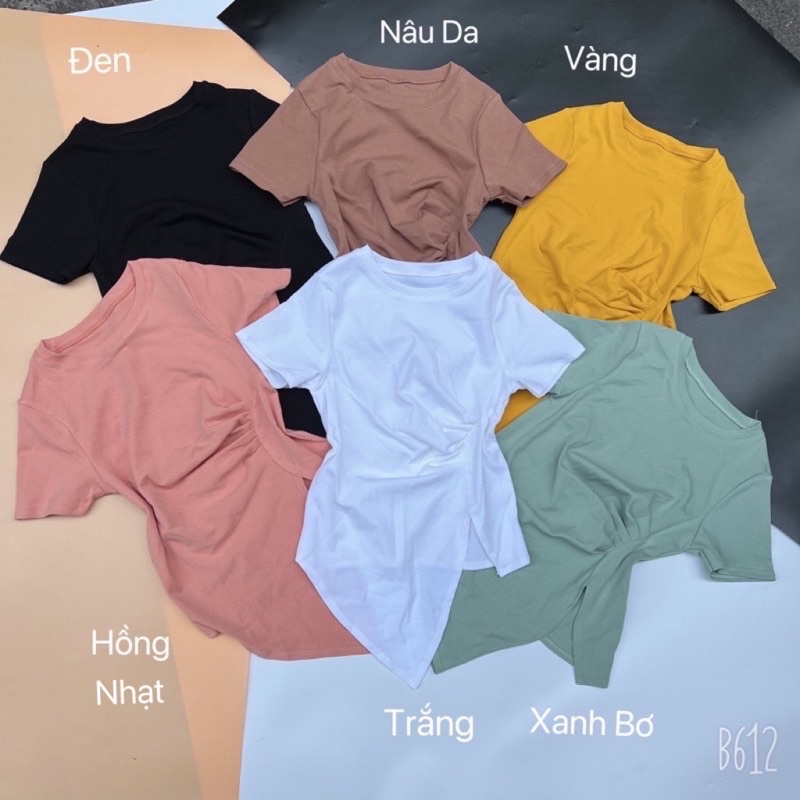 Áo thun body tay ngắn vạt bầu nhọn nhún eo dáng ngắn