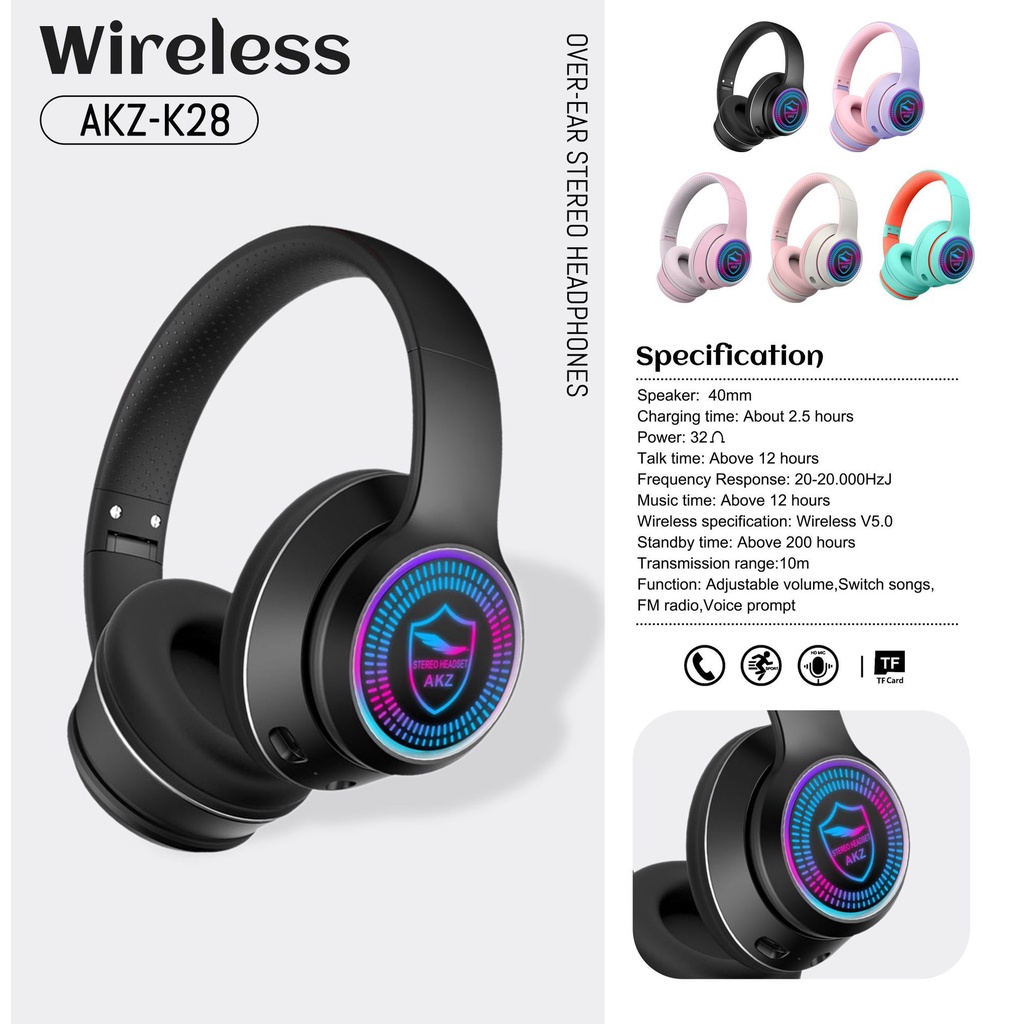 Tai Nghe/Headphone Bluetooth 5.0 K28 Tích Hợp Đèn LED Phát Sáng Chất Lượng Âm Thanh Nổi Kiểu Dáng Sành Điệu