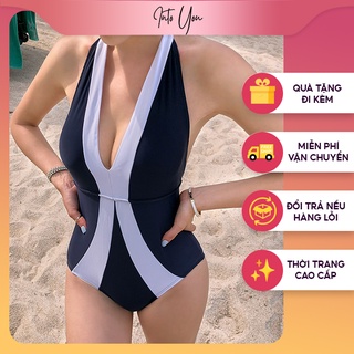 Bikini 1 mảnh liền thân viền trắng xẻ ngực sexy, che khuyết điểm