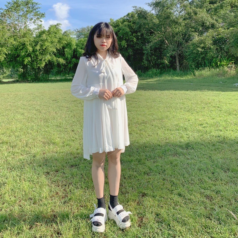 Đầm babydoll voan xếp ly nơ cổ