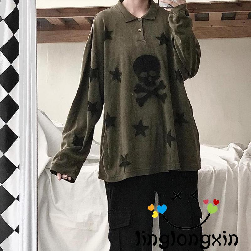 Áo Thun Tay Dài Cổ Bẻ Cài Nút In Họa Tiết Ngôi Sao / Đầu Lâu Cho Nữ Linglongxi2