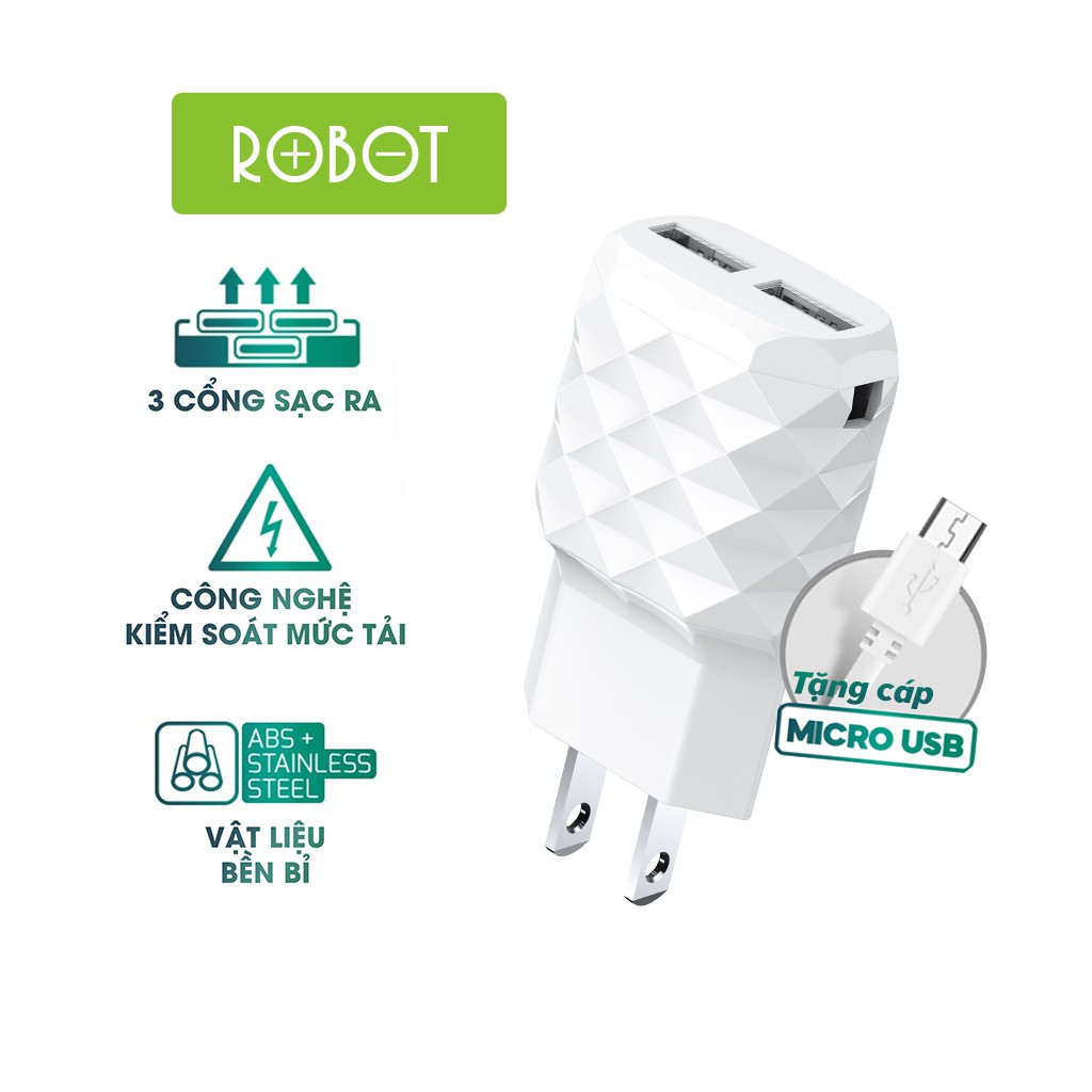 Cốc Sạc ROBOT RT-K5U 2 Cổng USB 1 Cổng Liền Dây Micro