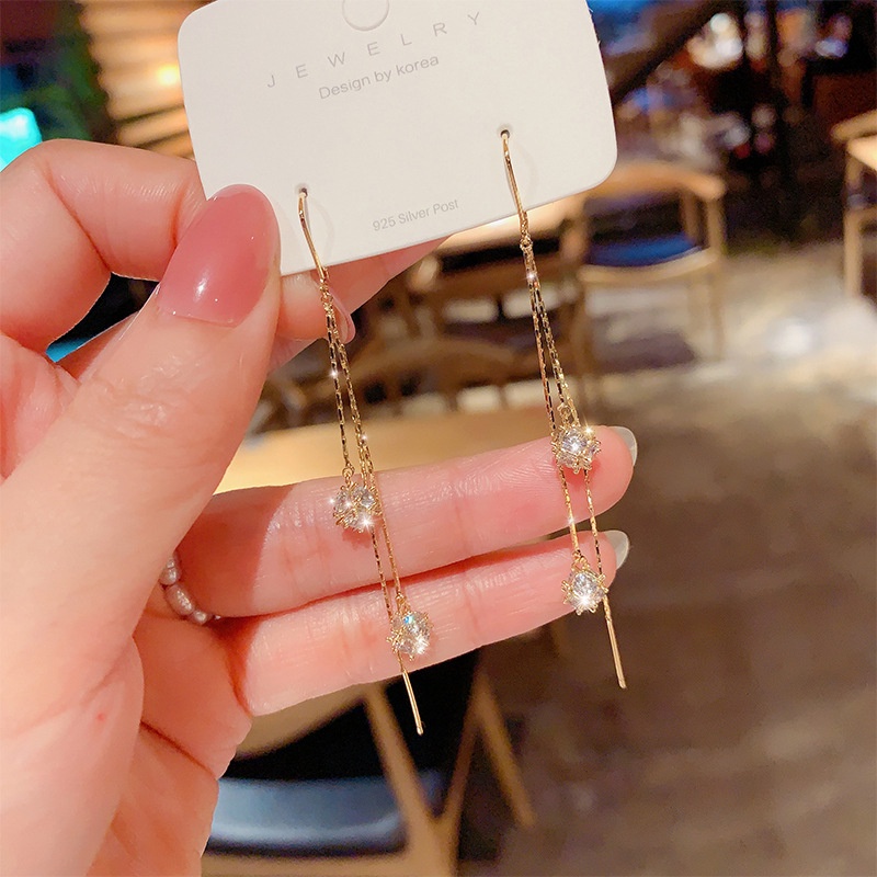 Bông tai mạ bạc 925 dáng dài đính đá thời trang phong cách Hàn Quốc cho nữ