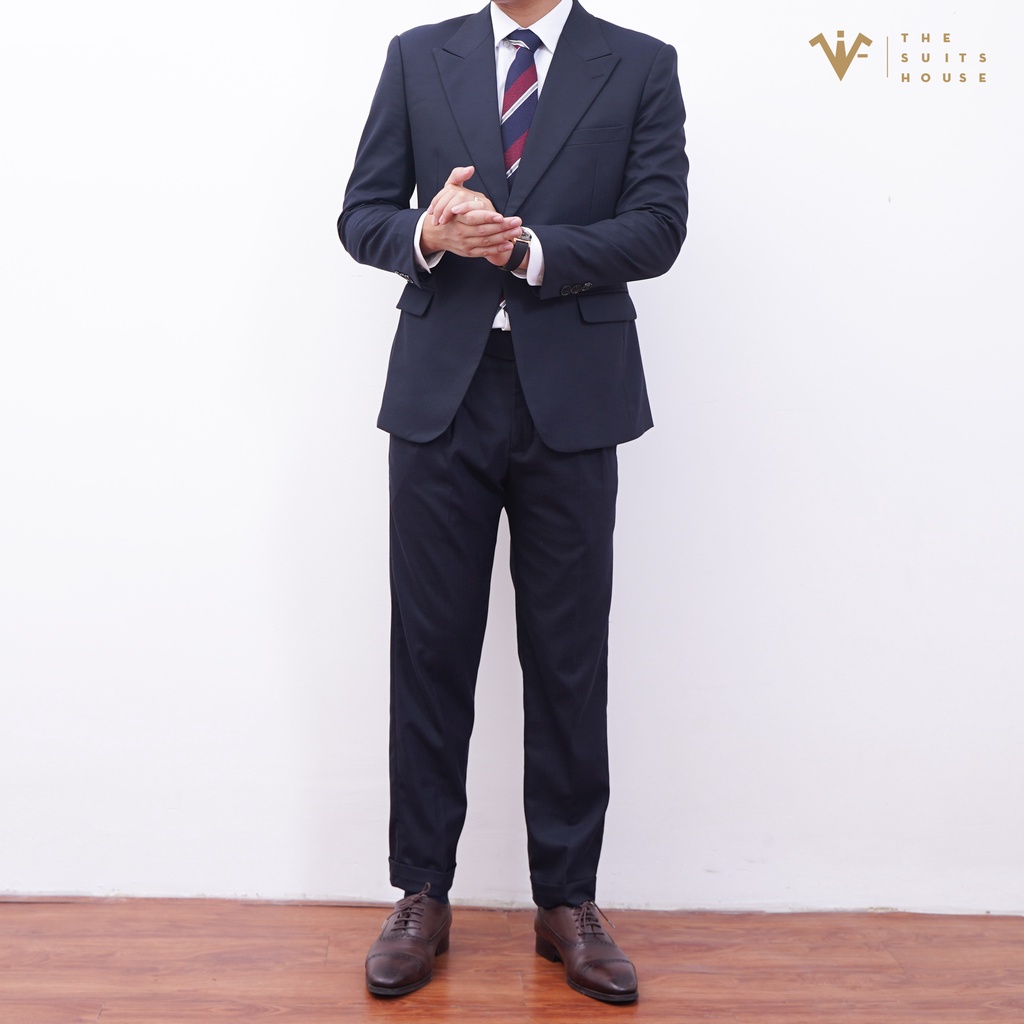 Bộ vest nam áo blazer suits quần tây xanh đen vân xương cá, form ôm, sartorial, dang đẹp, vải WOOL - The Suits House