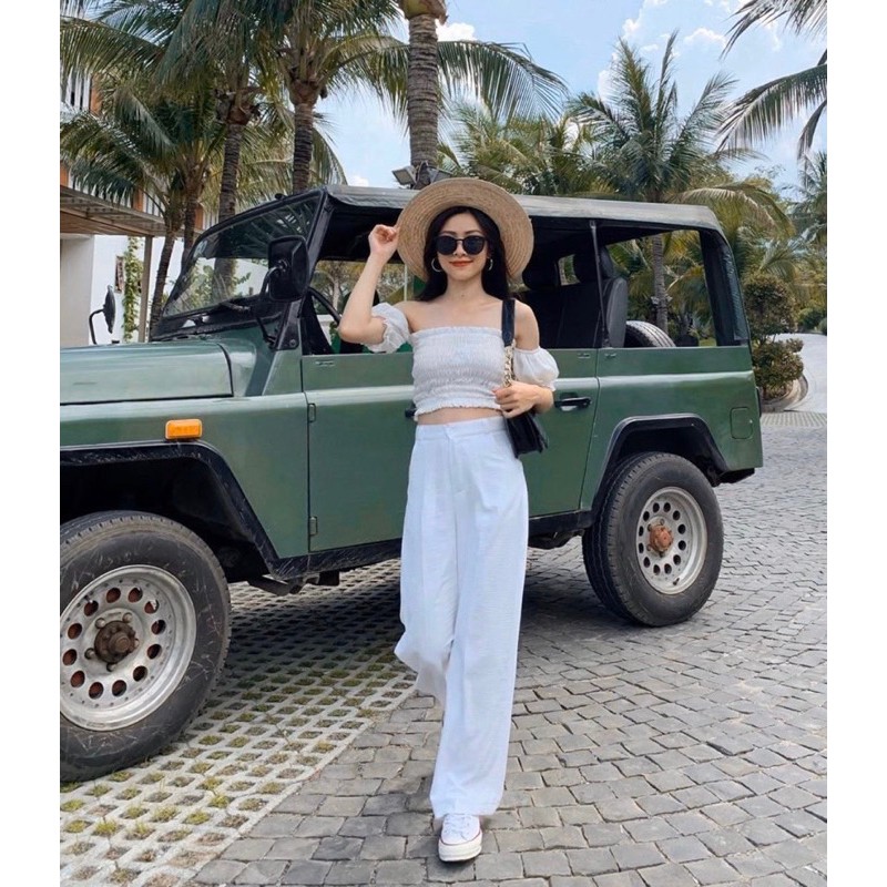 💕 SET ÁO CROP NHÚN CHỈ RỚT VAI + QUẦN SUÔNG TRẮNG