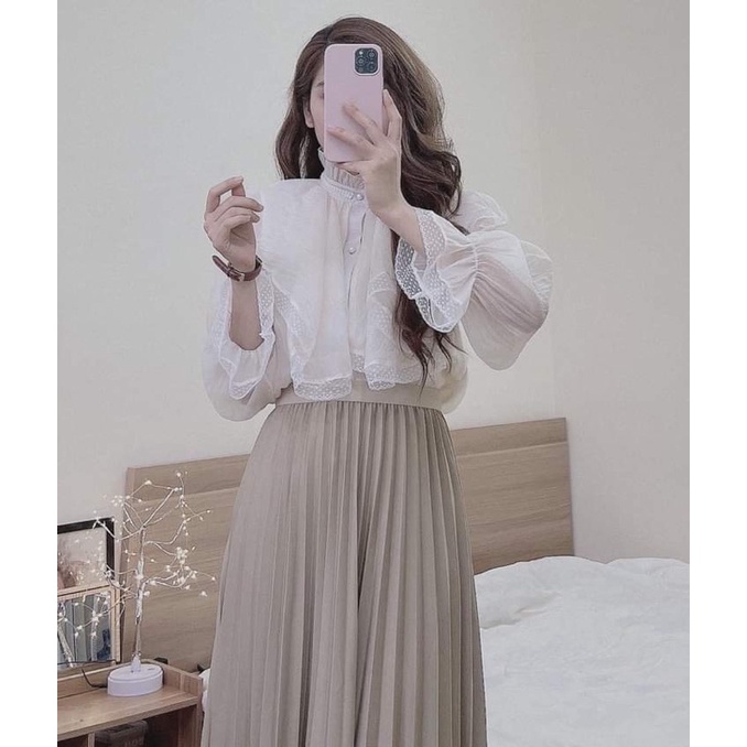 Áo sơ mi voan tơ hai lớp cổ xếp ly phối bèo đính ngọc tay bồng chít cổ bèo pha ren tiểu thư sang bánh bèo