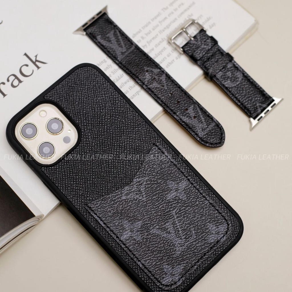 Ốp da thủ công Epsom đen khe thẻ IV Chữ đen cho IPhone 14/14Plus/14Pro/14Promax/13/13Pro/13Promax/12Promax ODTC128